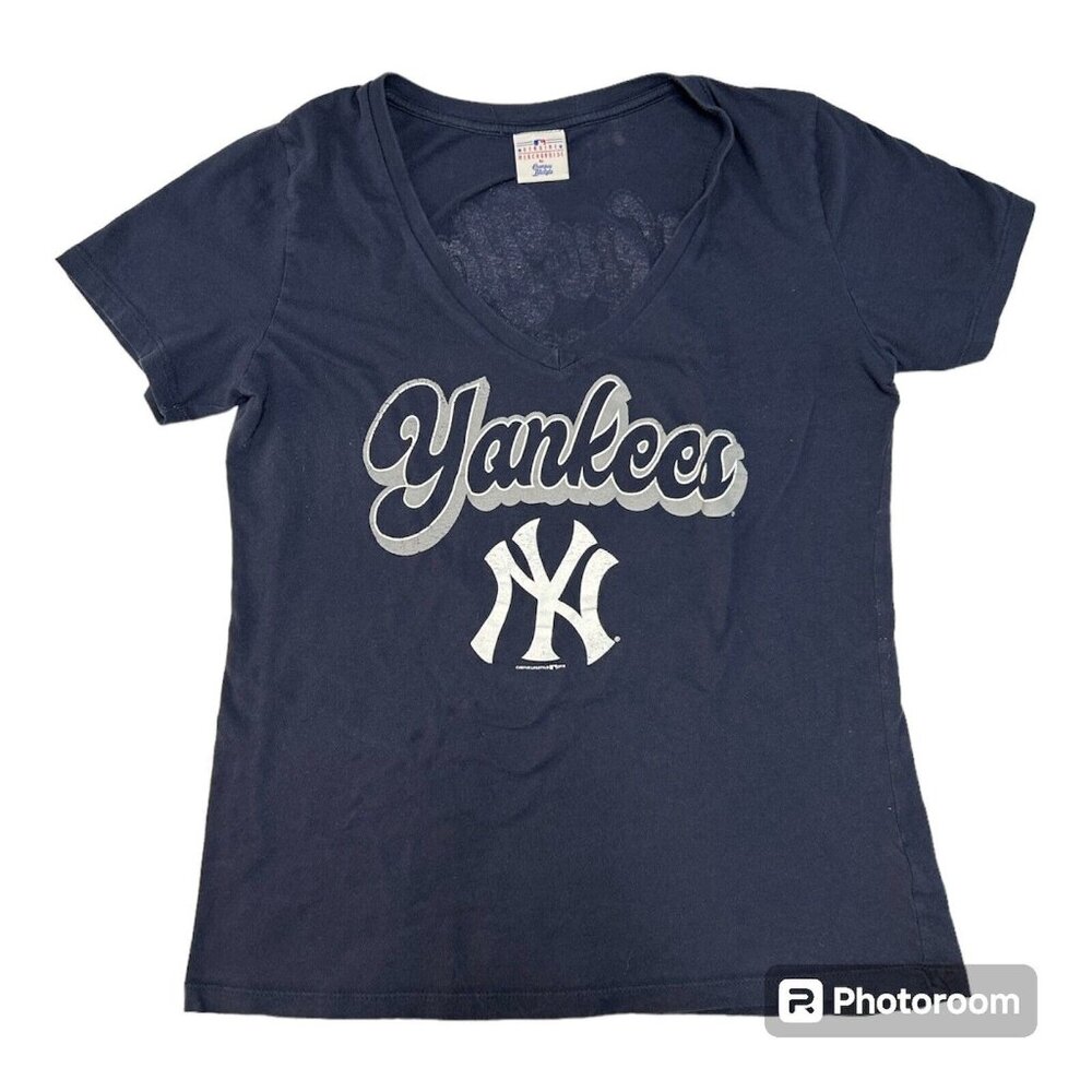 New York Yankees T-Shirt MLB Baseball Double Sided V Neck Blue Est 1903 Large